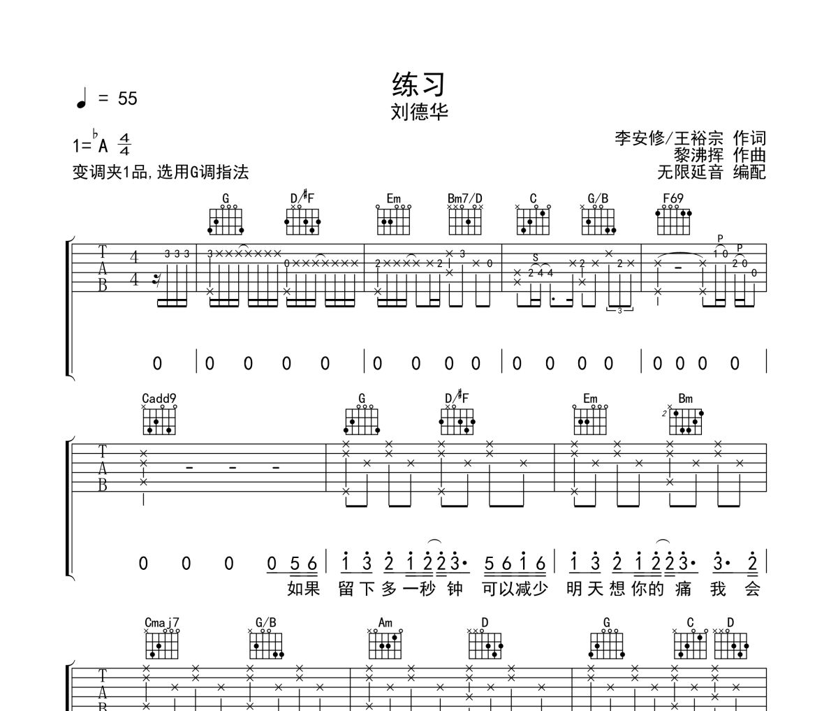 练习吉他谱 刘德华-练习六线谱G调指法吉他谱
