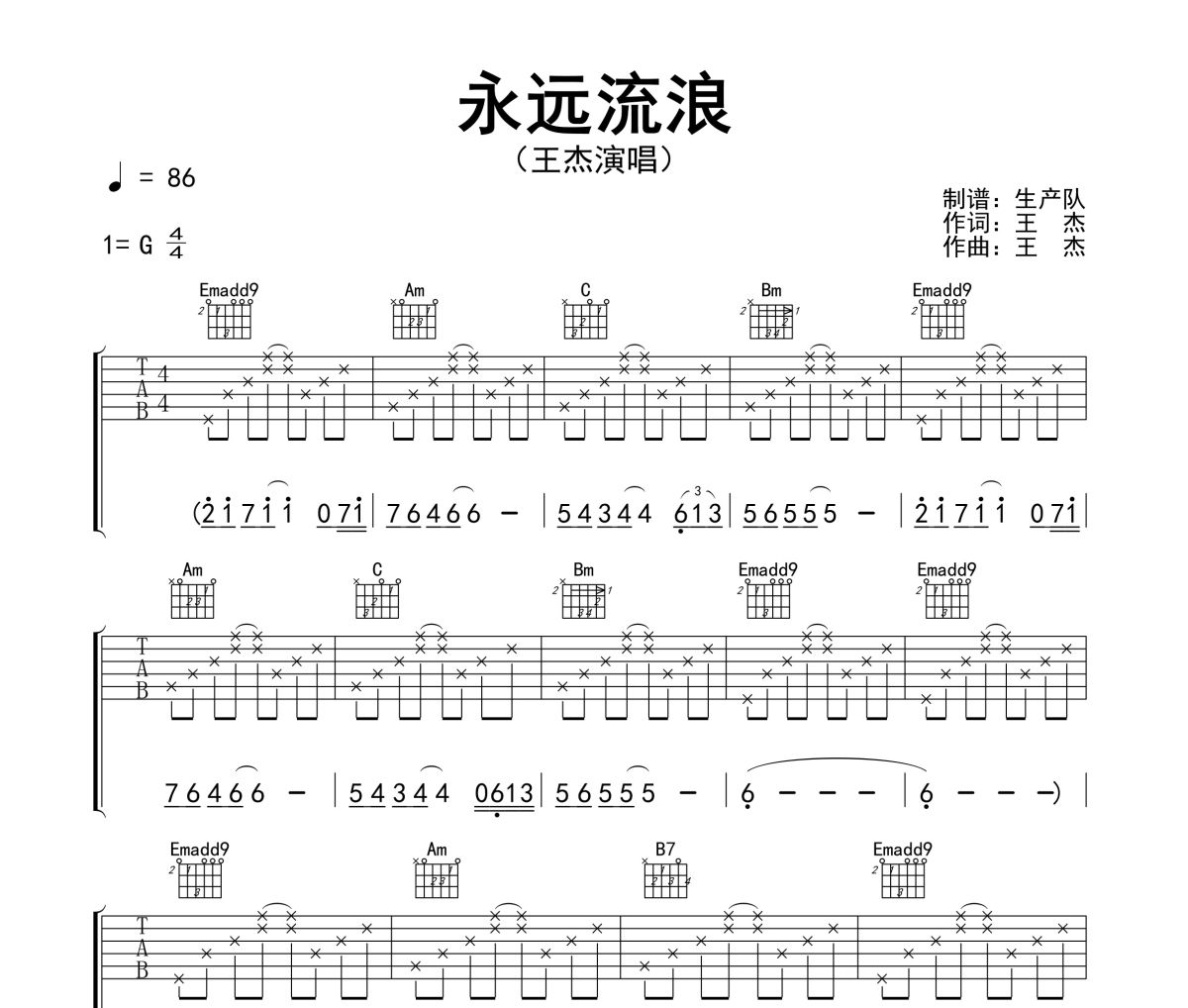 永远流浪吉他谱 王杰《永远流浪》六线谱G调指法编配吉他谱