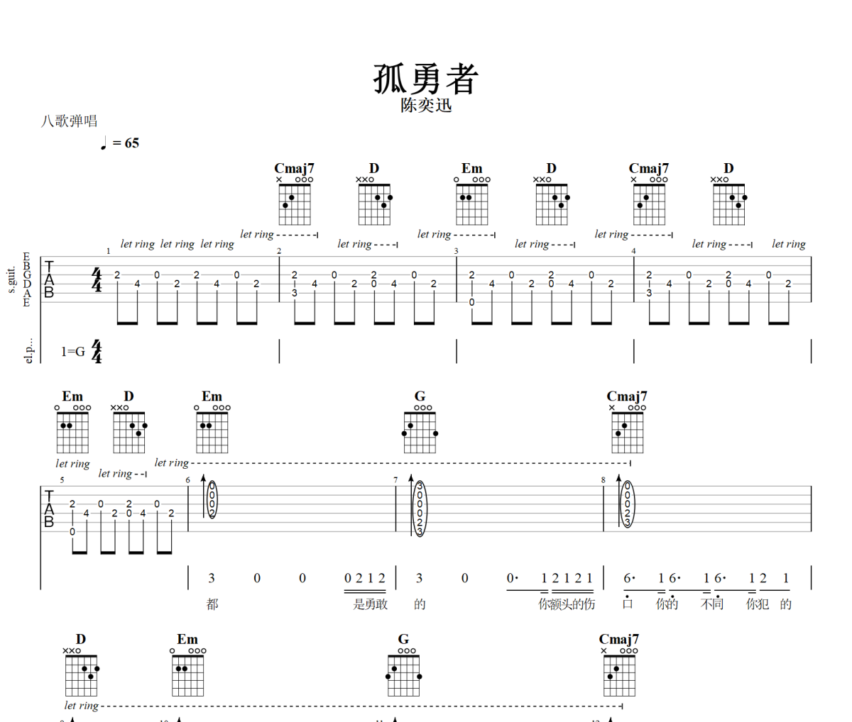 孤勇者吉他谱 陈奕迅-孤勇者六线谱+动态视频G调