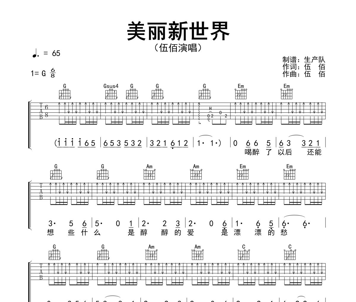 美丽新世界吉他谱 伍佰《美丽新世界》六线谱G调指法编配吉他谱