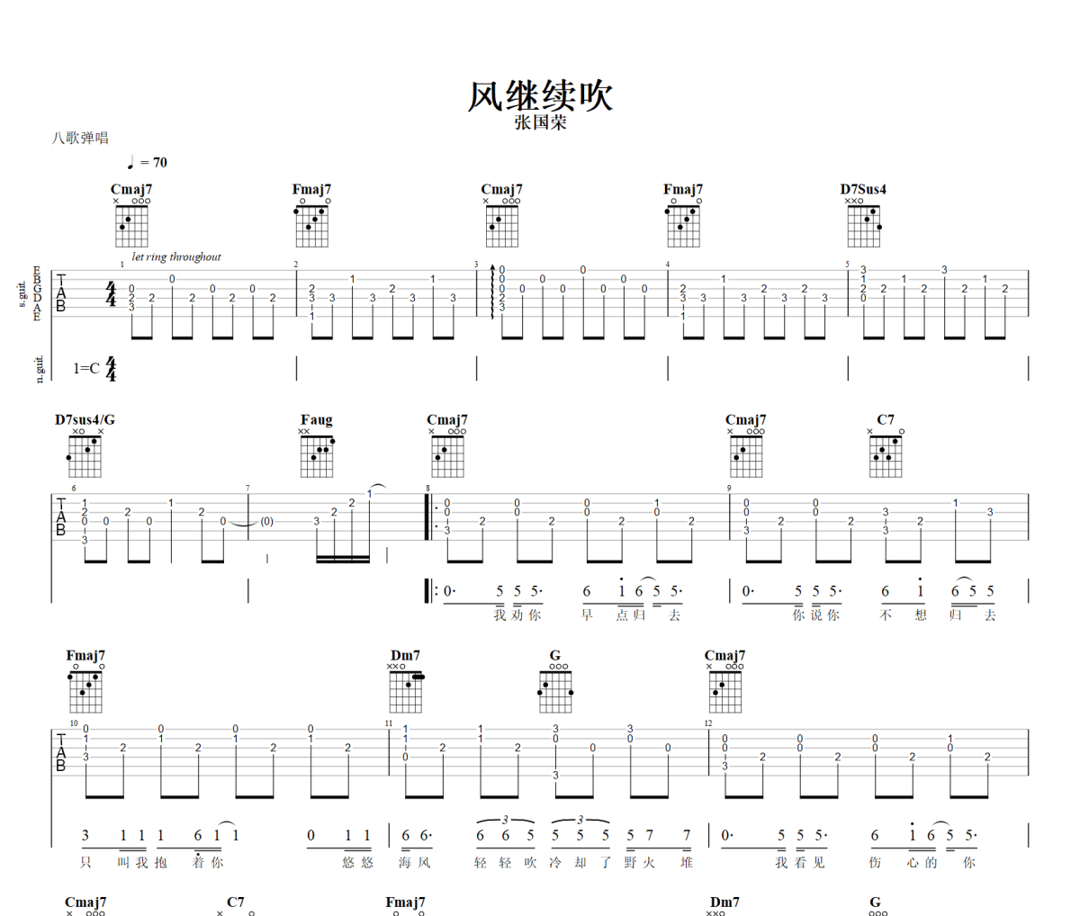 风继续吹吉他谱 张国荣《风继续吹》六线谱C调+动态视频