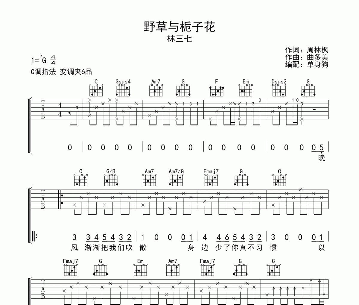 野草与栀子花 吉他谱 林三七-野草与栀子花六线谱C调弹唱