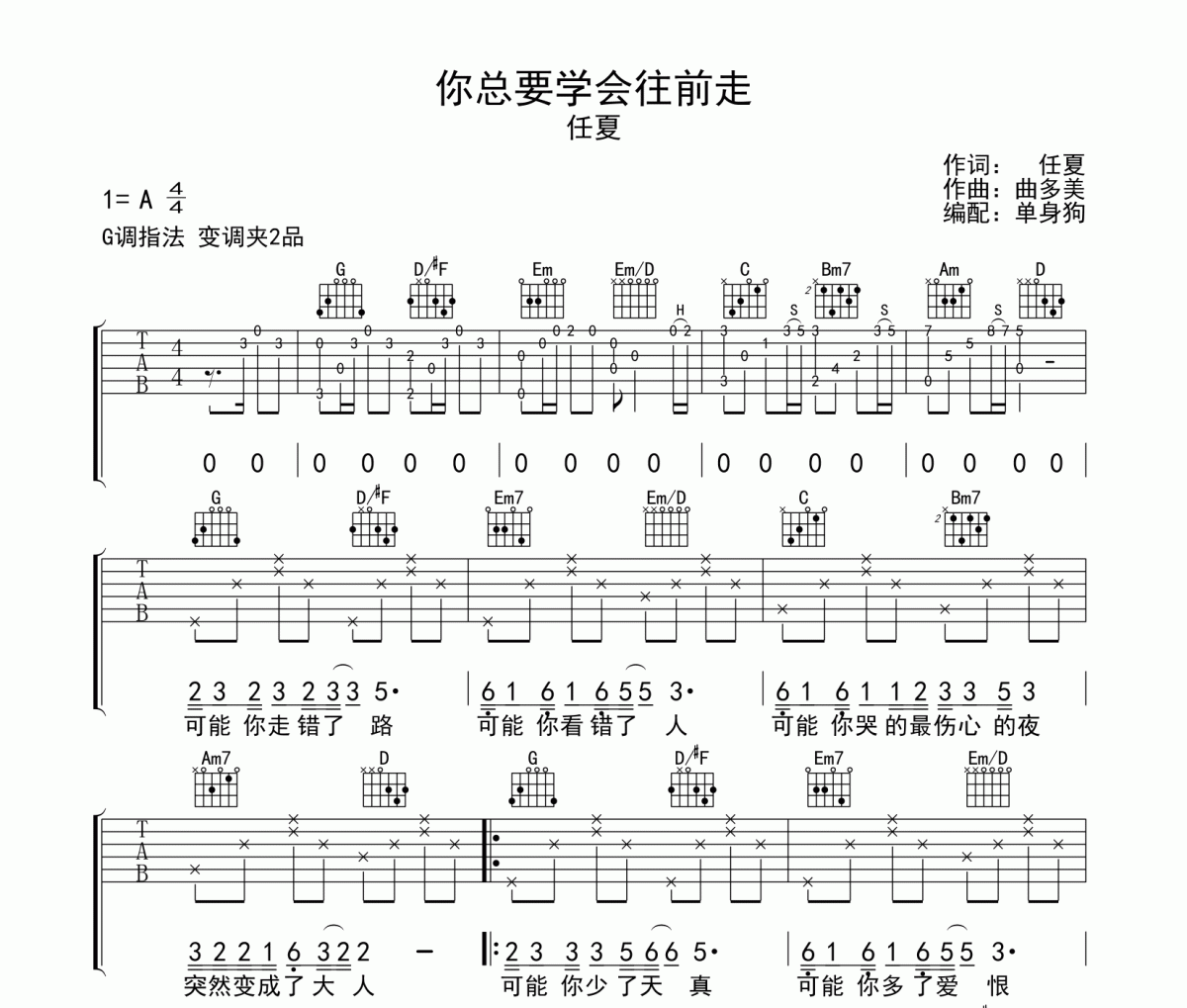 你总要学会往前走吉他谱 任夏《你总要学会往前走》六线谱G调