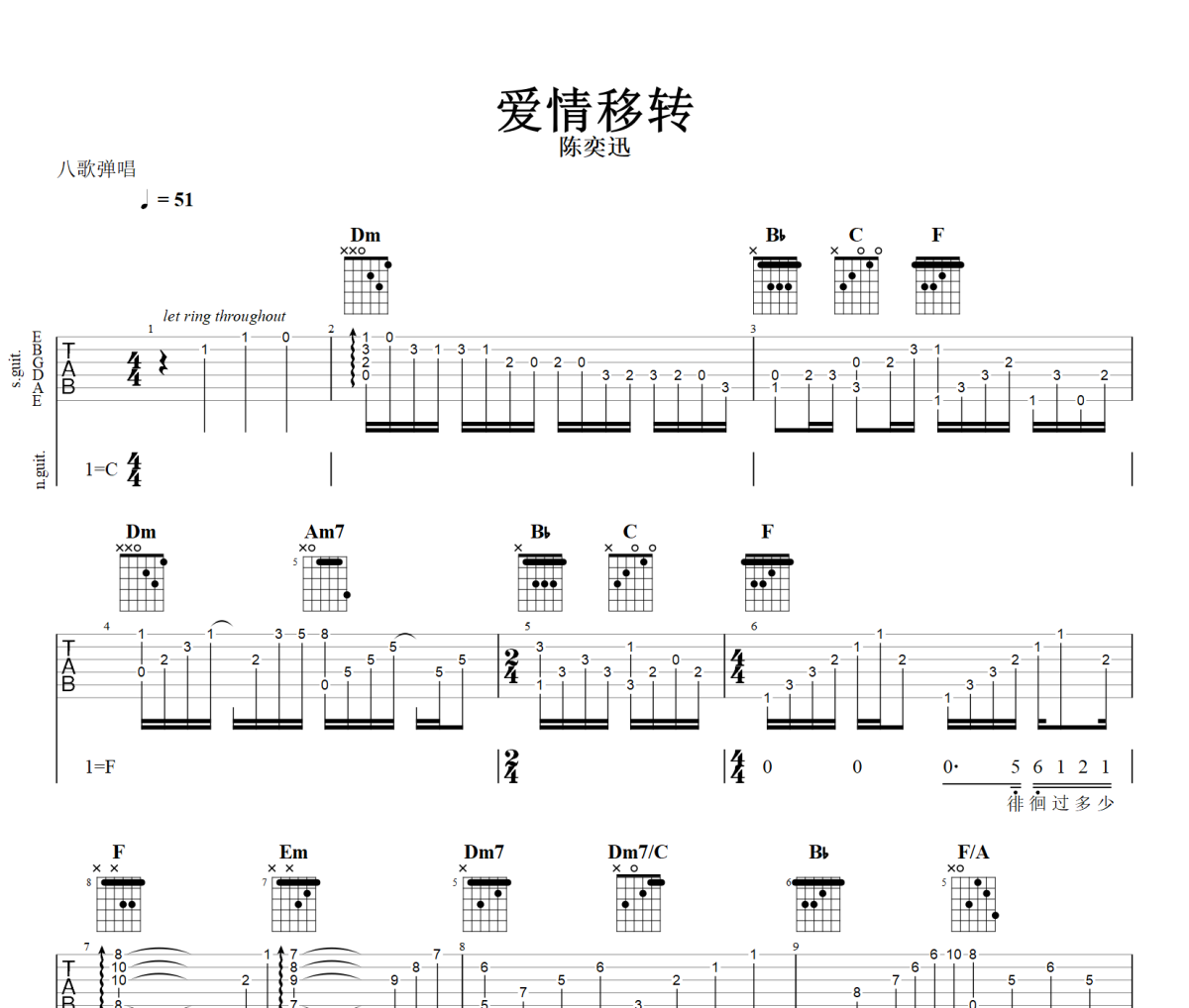 爱情转移吉他谱 陈奕迅《爱情转移》六线谱C调+动态视频