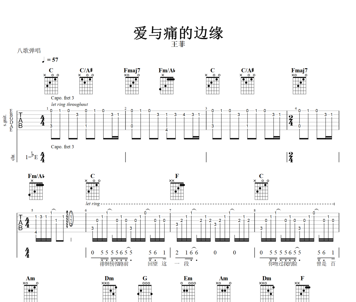 爱与痛的边缘吉他谱 王菲-爱与痛的边缘六线谱降E调+动态视频