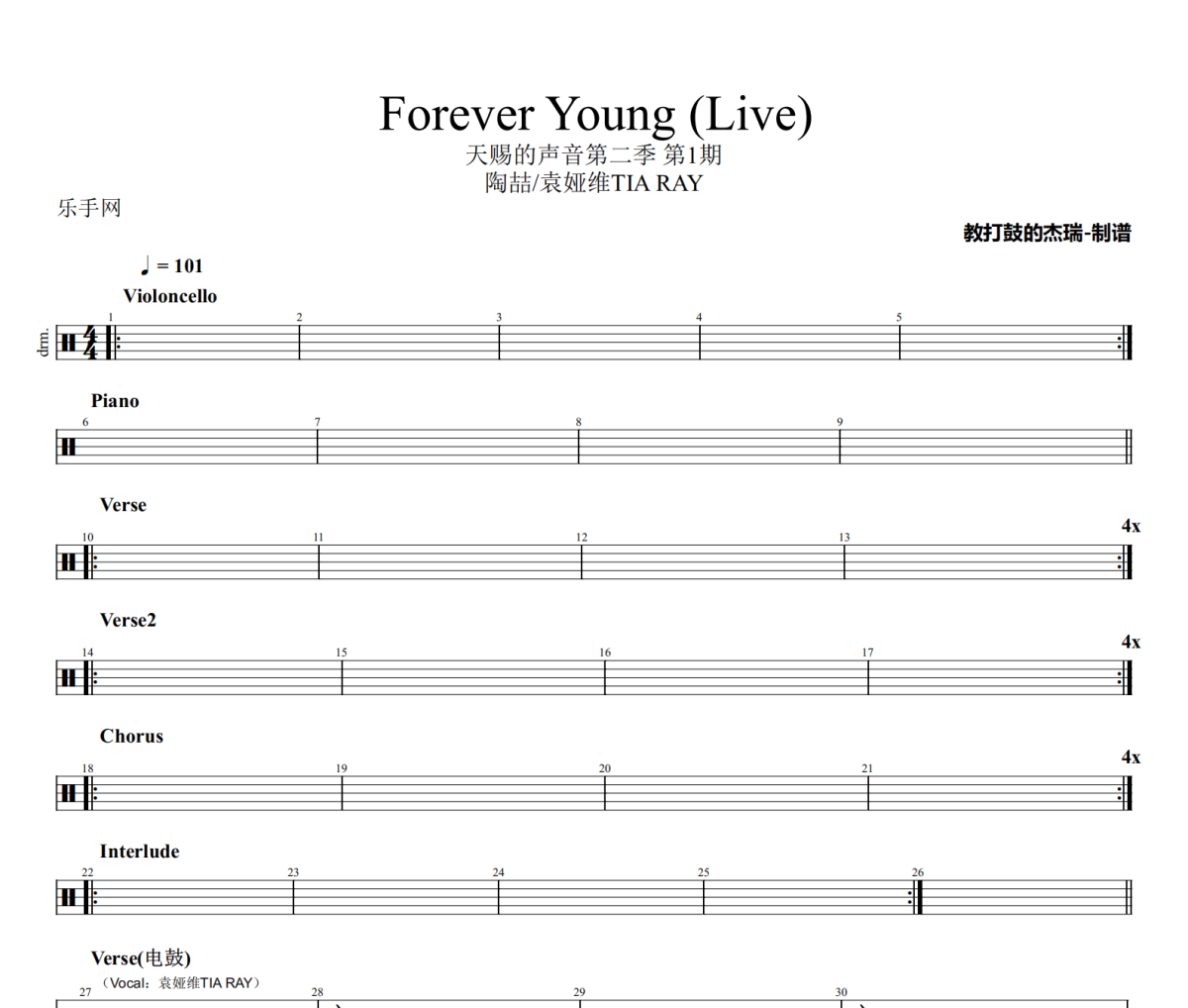 Forever Young 鼓谱 陶喆/袁娅维TIA RAY-Forever Young(Live)架子鼓|爵士鼓|鼓谱