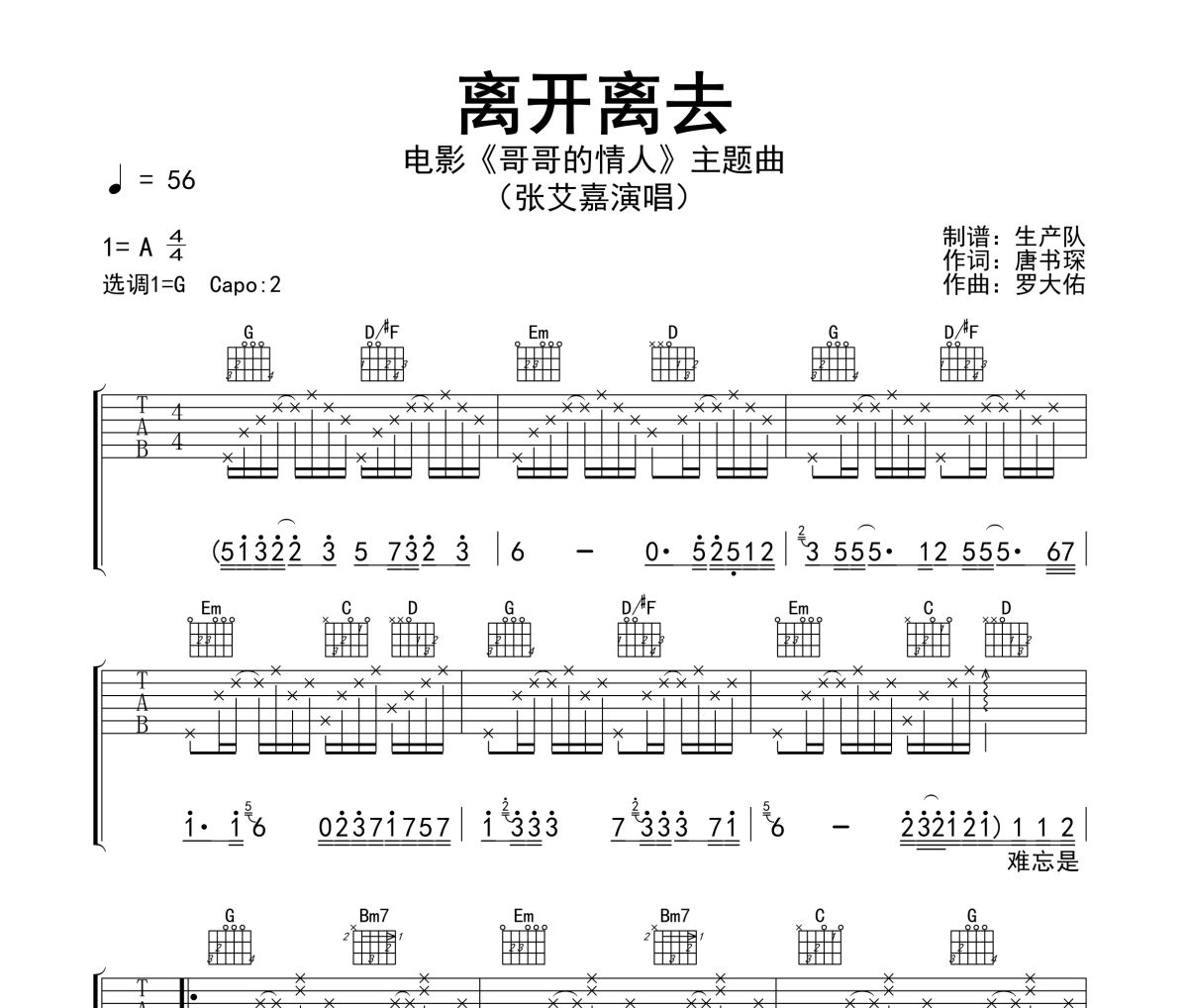 离开离去吉他谱 张艾嘉《离开离去》六线谱G调指法编配