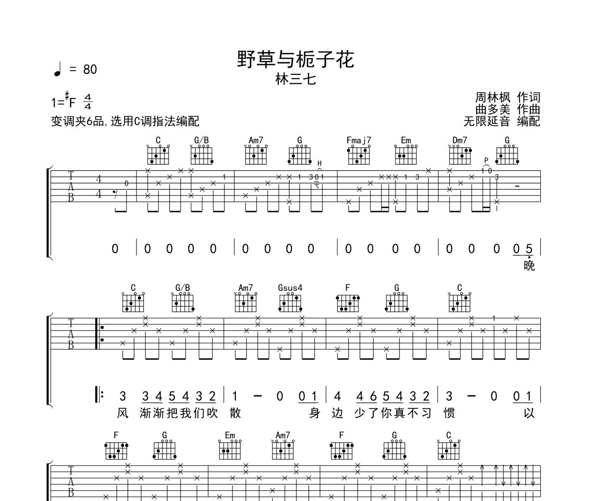 野草与栀子花吉他谱 林三七《野草与栀子花》C调指法编配