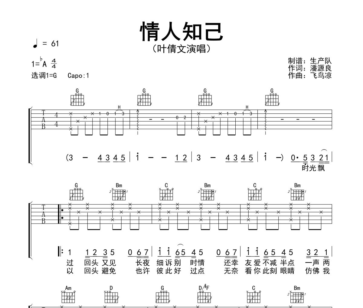 情人知己吉他谱 叶倩文《情人知己》六线谱G调指法编配吉他谱