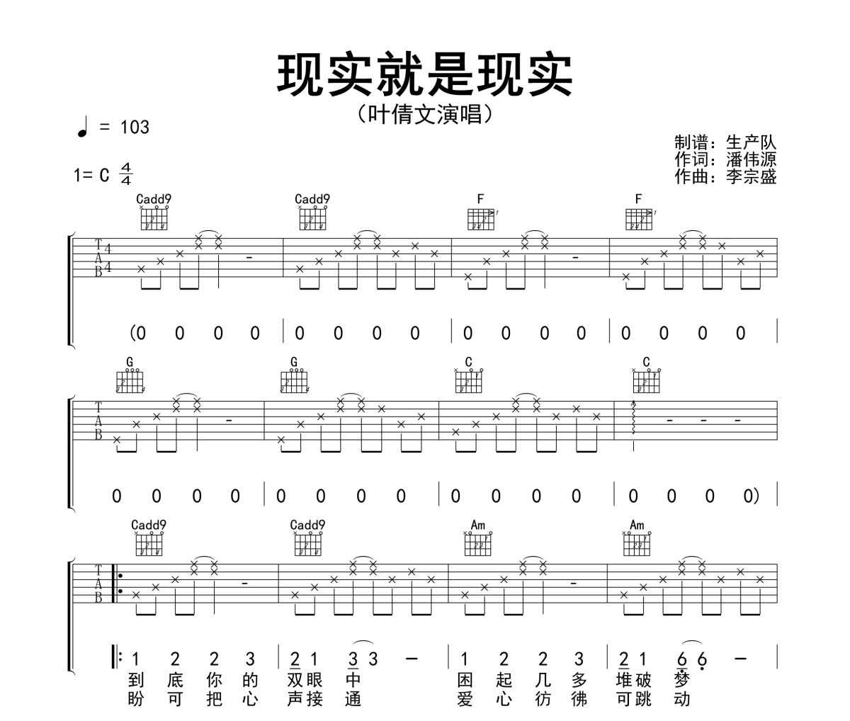 现实就是现实吉他谱 叶倩文《现实就是现实》六线谱C调指法编配吉他谱