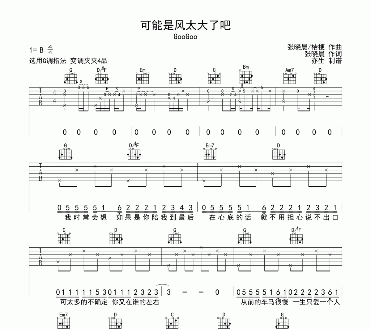 可能是风太大了吧吉他谱 GooGoo-可能是风太大了吧G调弹唱谱