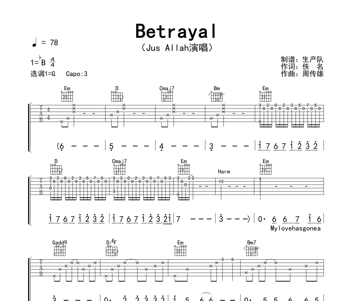 Betrayal吉他谱 Jus Allah《Betrayal》六线谱G调指法编配吉他谱