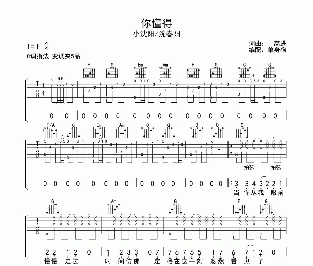 你懂得吉他谱 小沈阳/沈春阳《你懂得》六线谱|吉他谱