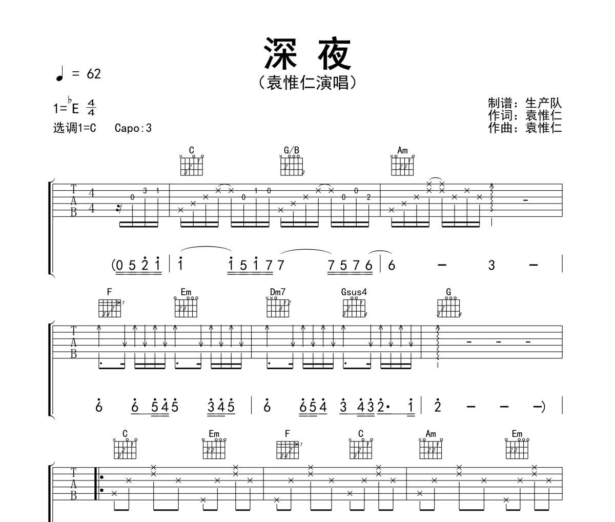 深夜吉他谱 袁惟仁《深夜》六线谱|吉他谱C调指法编配