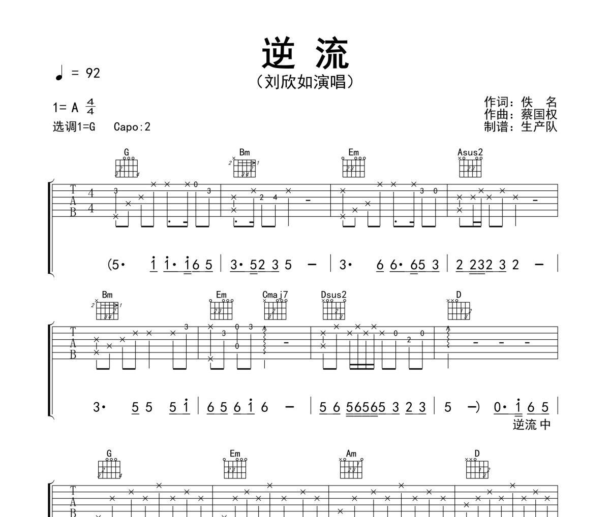 逆流吉他谱 刘欣如-逆流G调指法编配六线谱