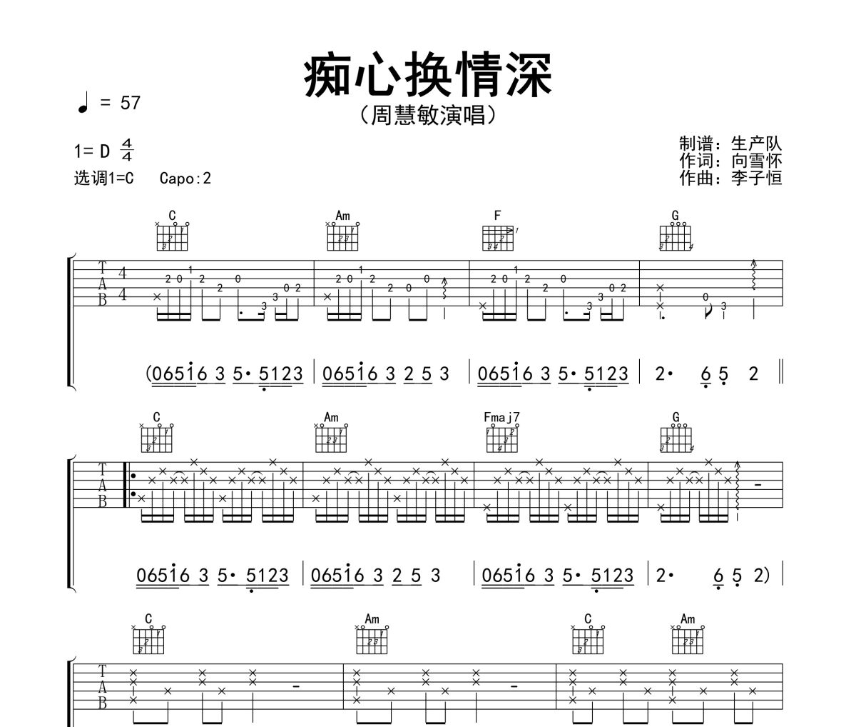 痴心换情深吉他谱 周慧敏-痴心换情深六线谱C调指法编配