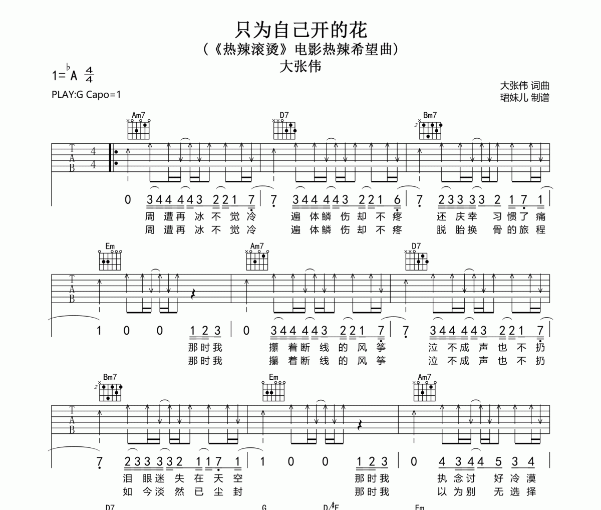 只为自己开的花吉他谱 大张伟《只为自己开的花》六线谱G调指法编配吉他谱