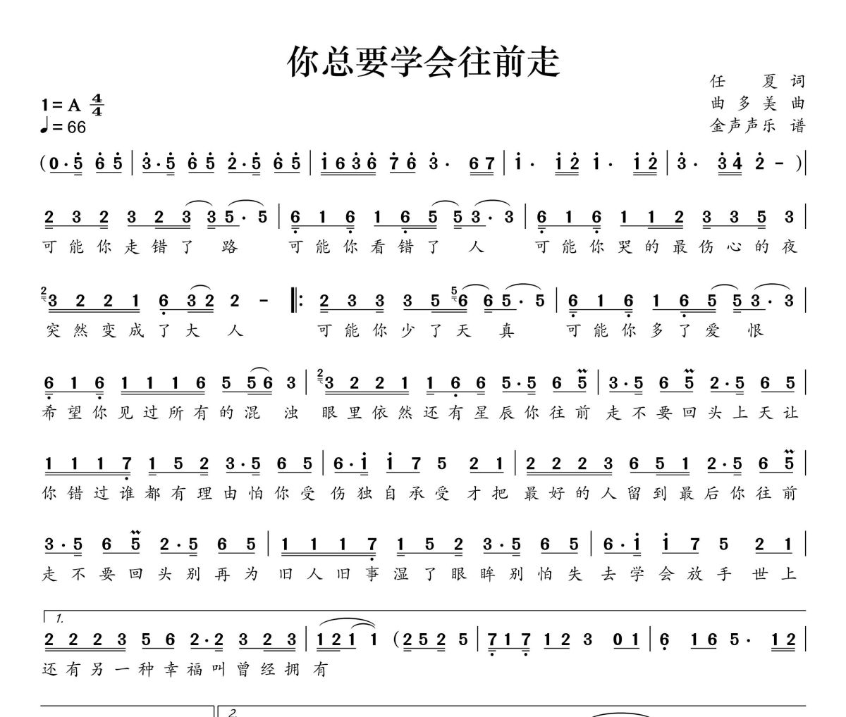 你总要学会往前走简谱 任夏《你总要学会往前走》简谱+动态视频A调