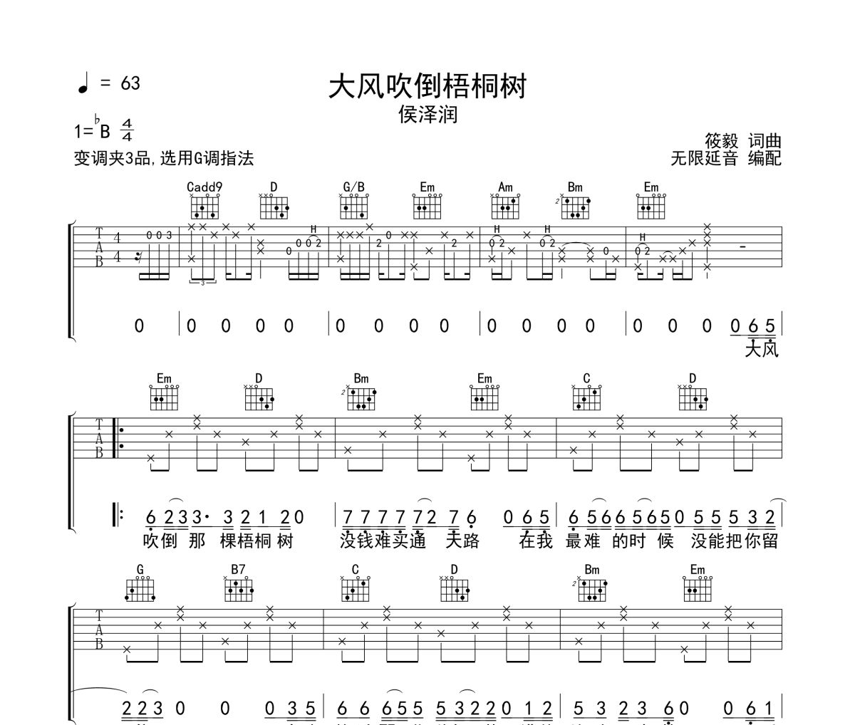 大风吹倒梧桐树吉他谱 侯润泽-大风吹倒梧桐树六线谱 无限延音制谱