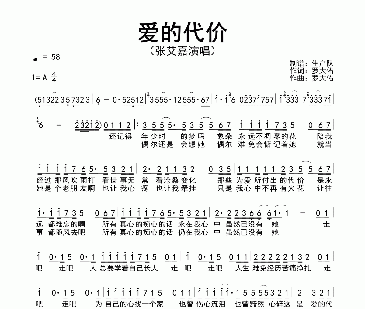 爱的代价简谱 张艾嘉《爱的代价》简谱A调