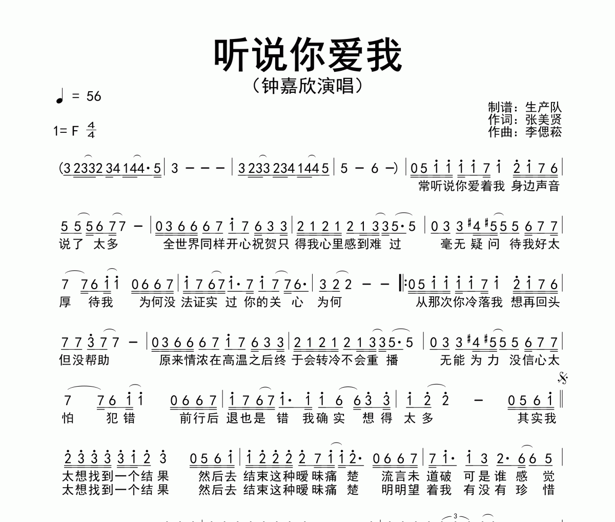 听说你爱我简谱 钟嘉欣《听说你爱我》简谱F调