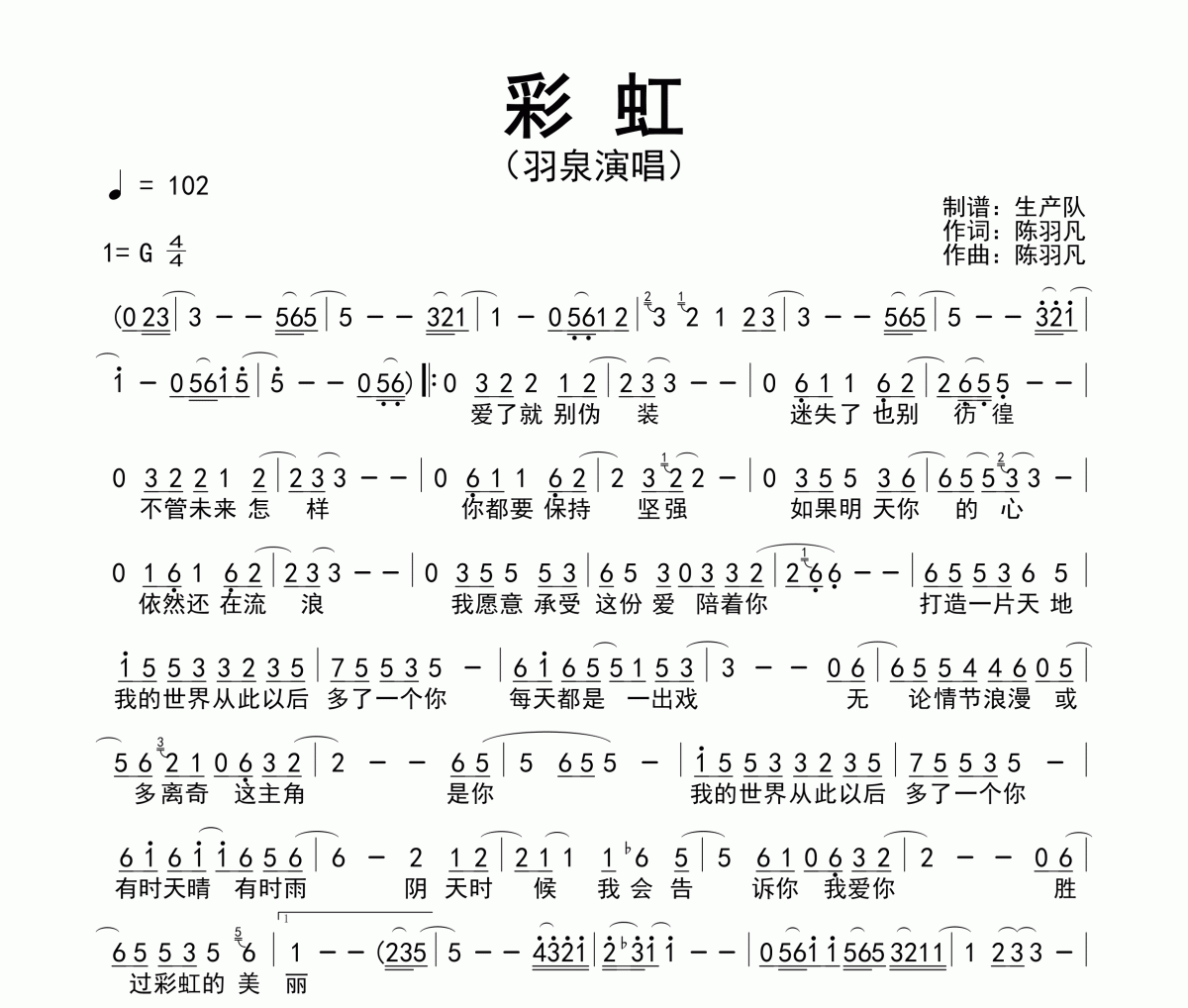 彩虹简谱 羽泉《彩虹》简谱G调