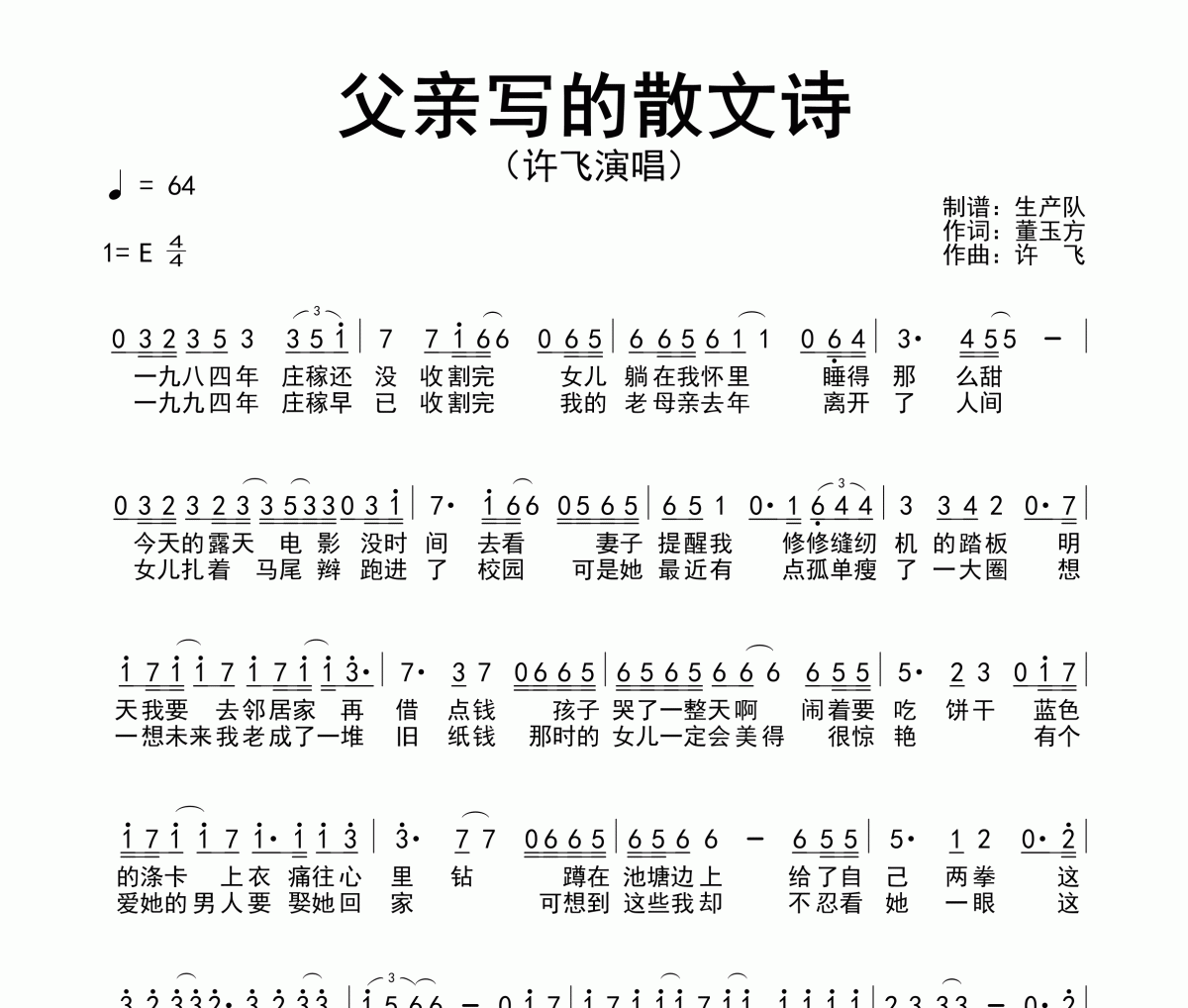 父亲写的散文诗简谱 许飞《父亲写的散文诗》简谱E调