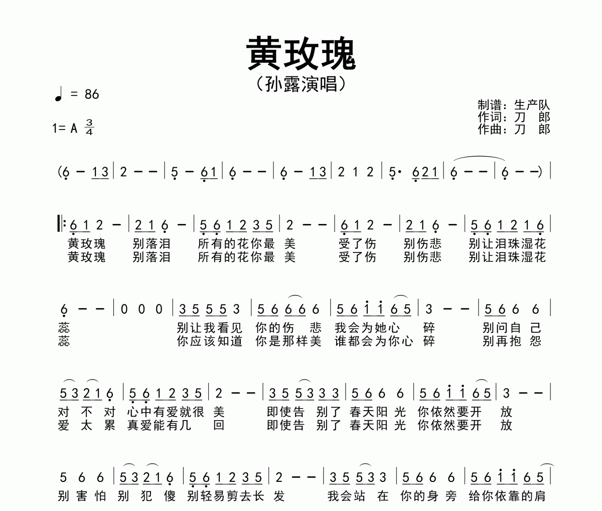 黄玫瑰简谱 孙露《黄玫瑰》简谱A调