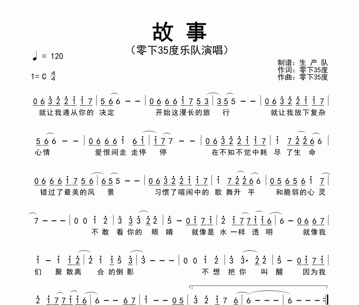 故事简谱 零下35度乐队-故事简谱C调