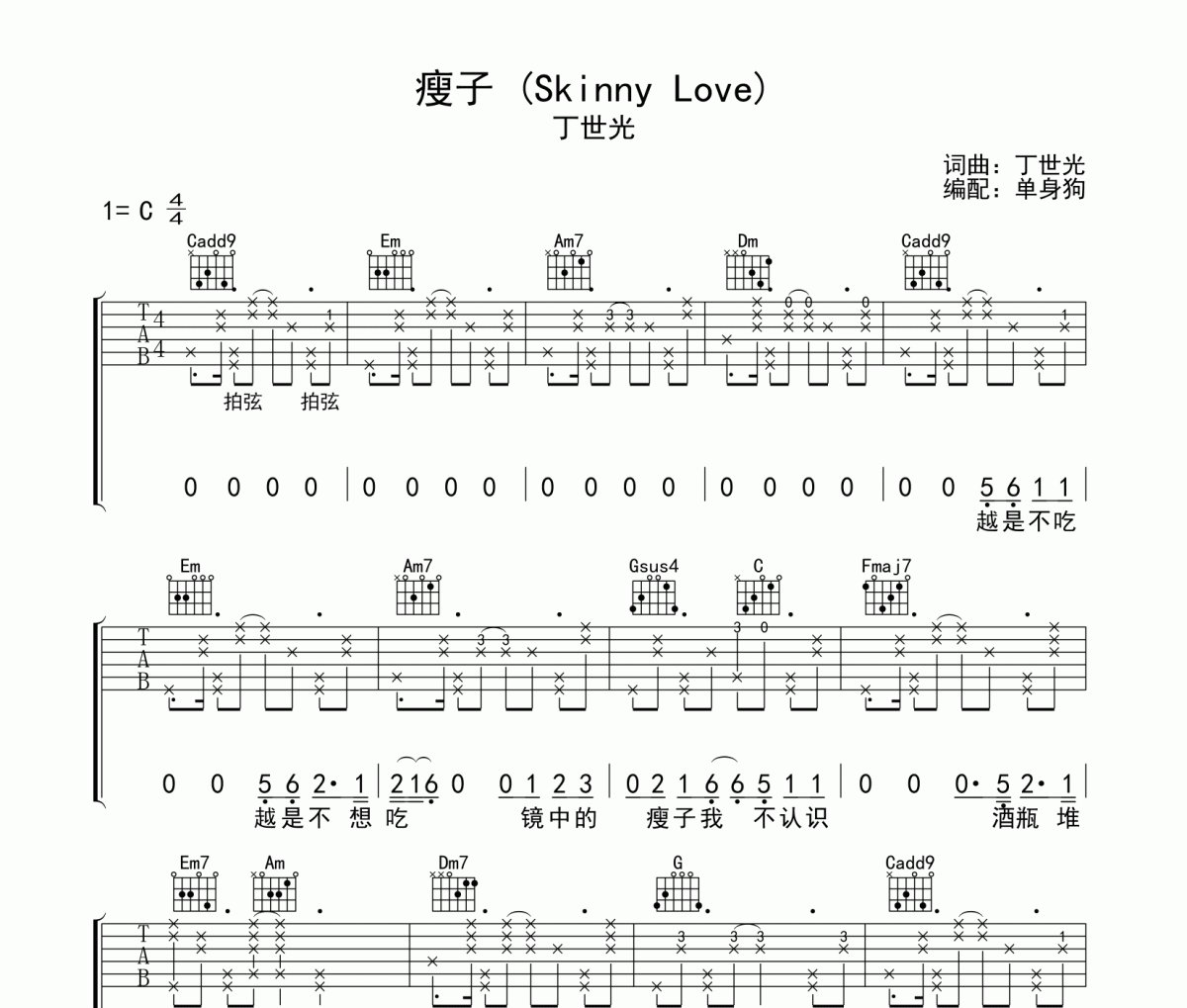 瘦子 吉他谱 丁世光-瘦子C调弹唱谱