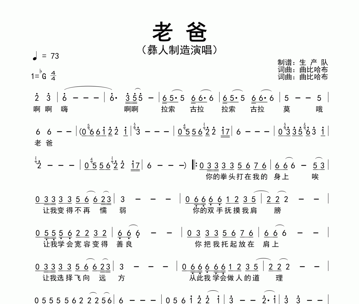 老爸简谱 彝人制造-老爸简谱降G调