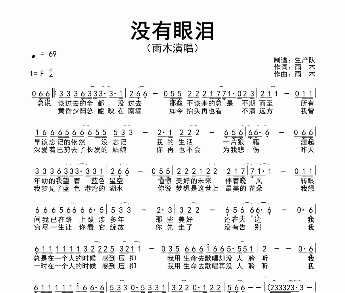 没有眼泪简谱 雨木-没有眼泪简谱F调