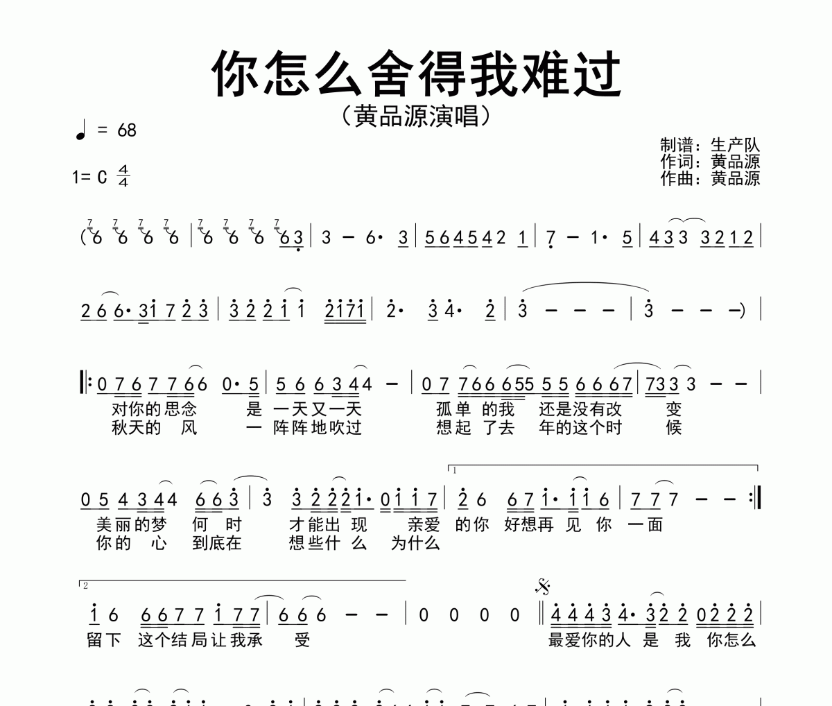 你怎么舍得我难过简谱 黄品源-你怎么舍得我难过简谱C调