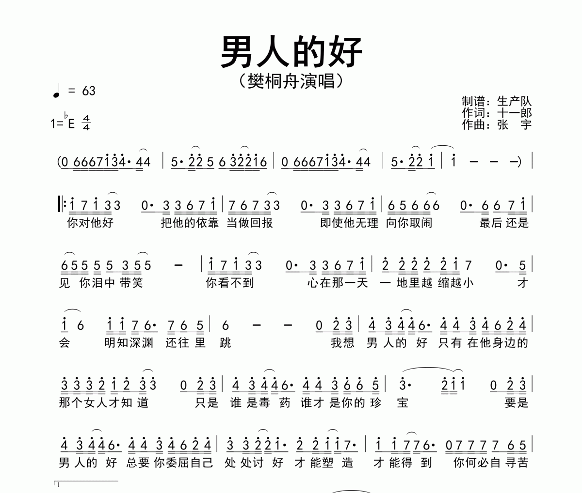 男人的好简谱 樊桐舟-男人的好简谱降E调