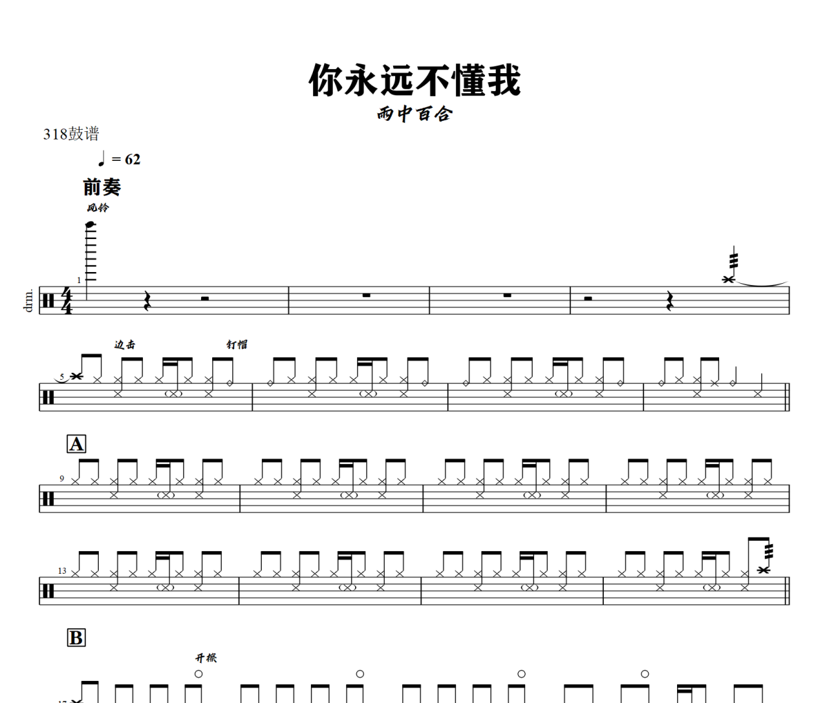 你永远不懂我你永远不懂我鼓谱 雨中百合-你永远不懂我你永远不懂我爵士鼓谱+动态视频