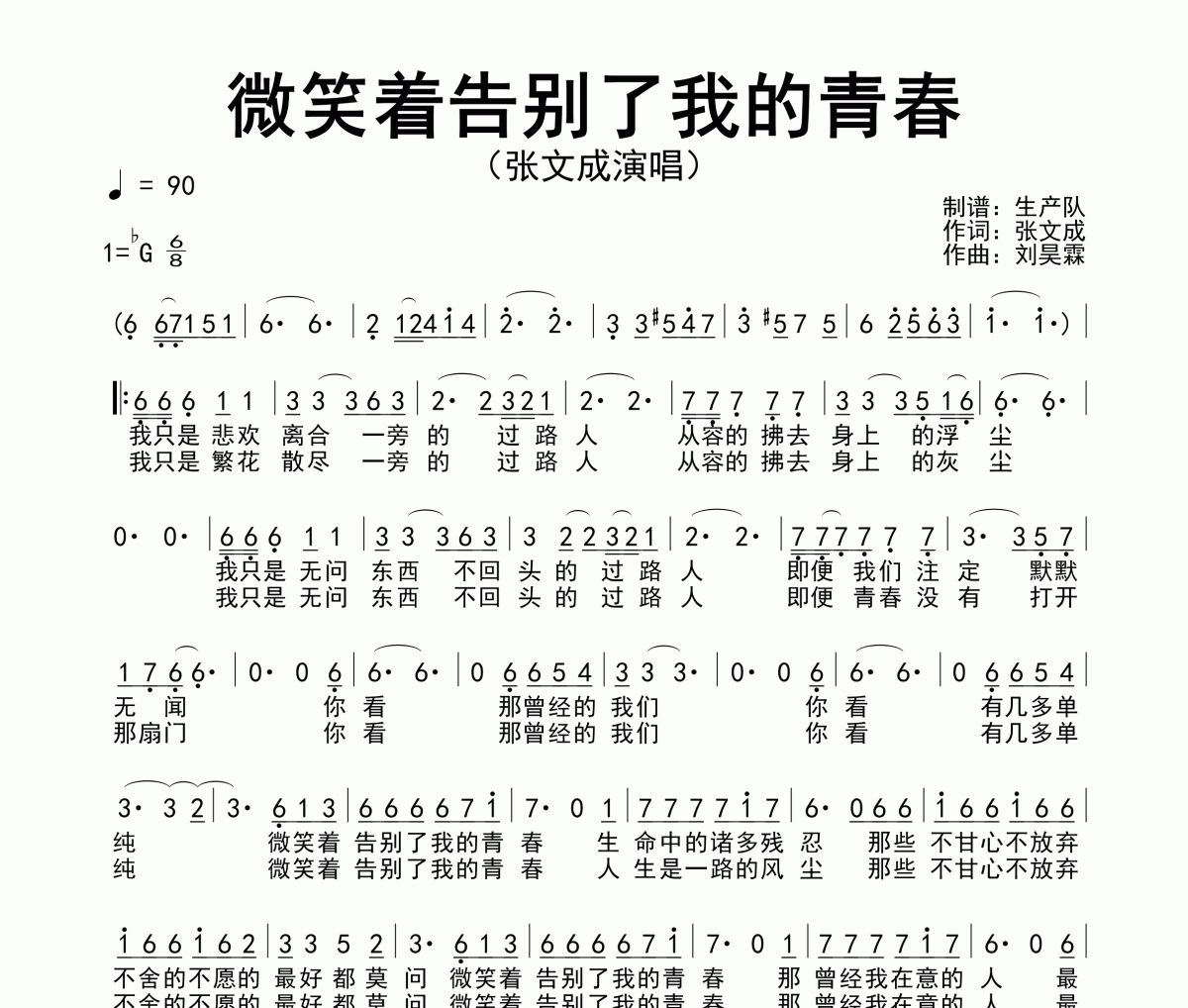 微笑着告别了我的青春简谱 张文成《微笑着告别了我的青春》简谱降G调