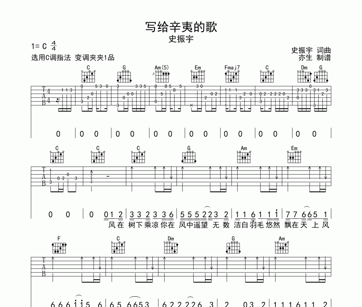 写给辛夷的歌吉他谱 史振宇-写给辛夷的歌C调六线谱|吉他谱