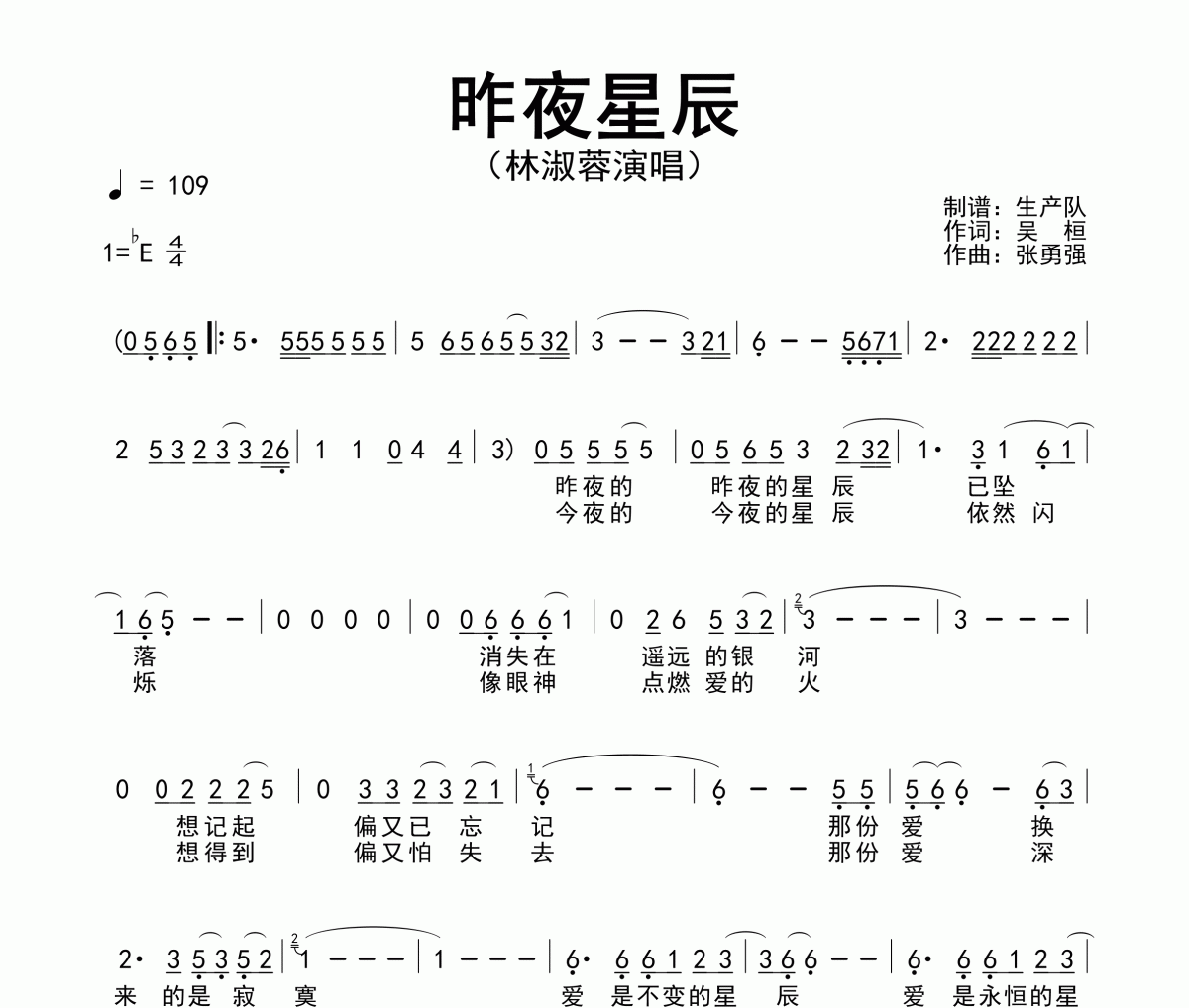 昨夜星辰简谱 林淑容《昨夜星辰》简谱降E调