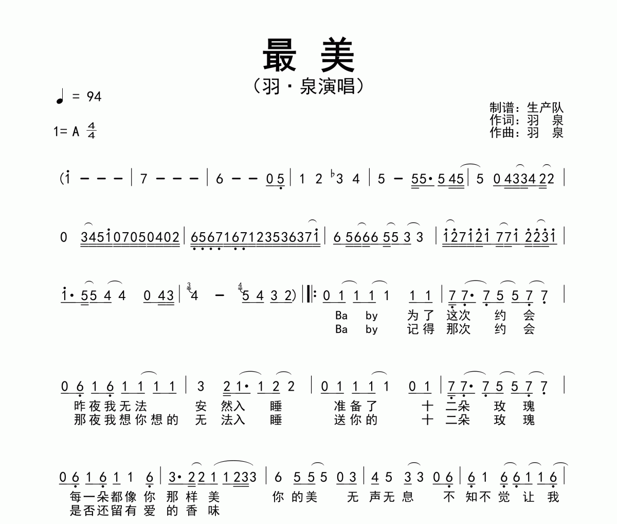 最美简谱 羽泉-最美简谱A调