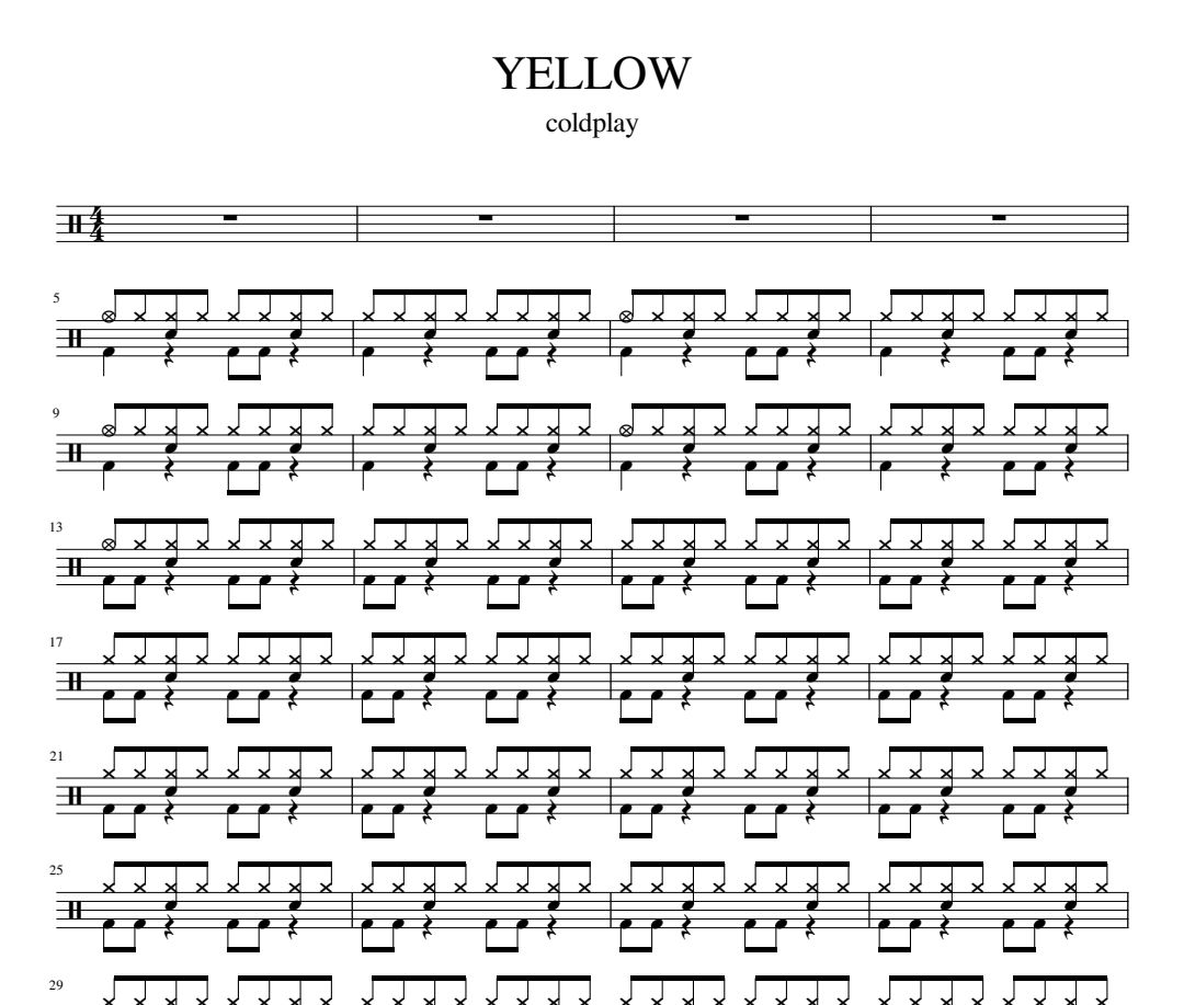 Yellow鼓谱 ColdPlay《Yellow》架子鼓|爵士鼓|鼓谱