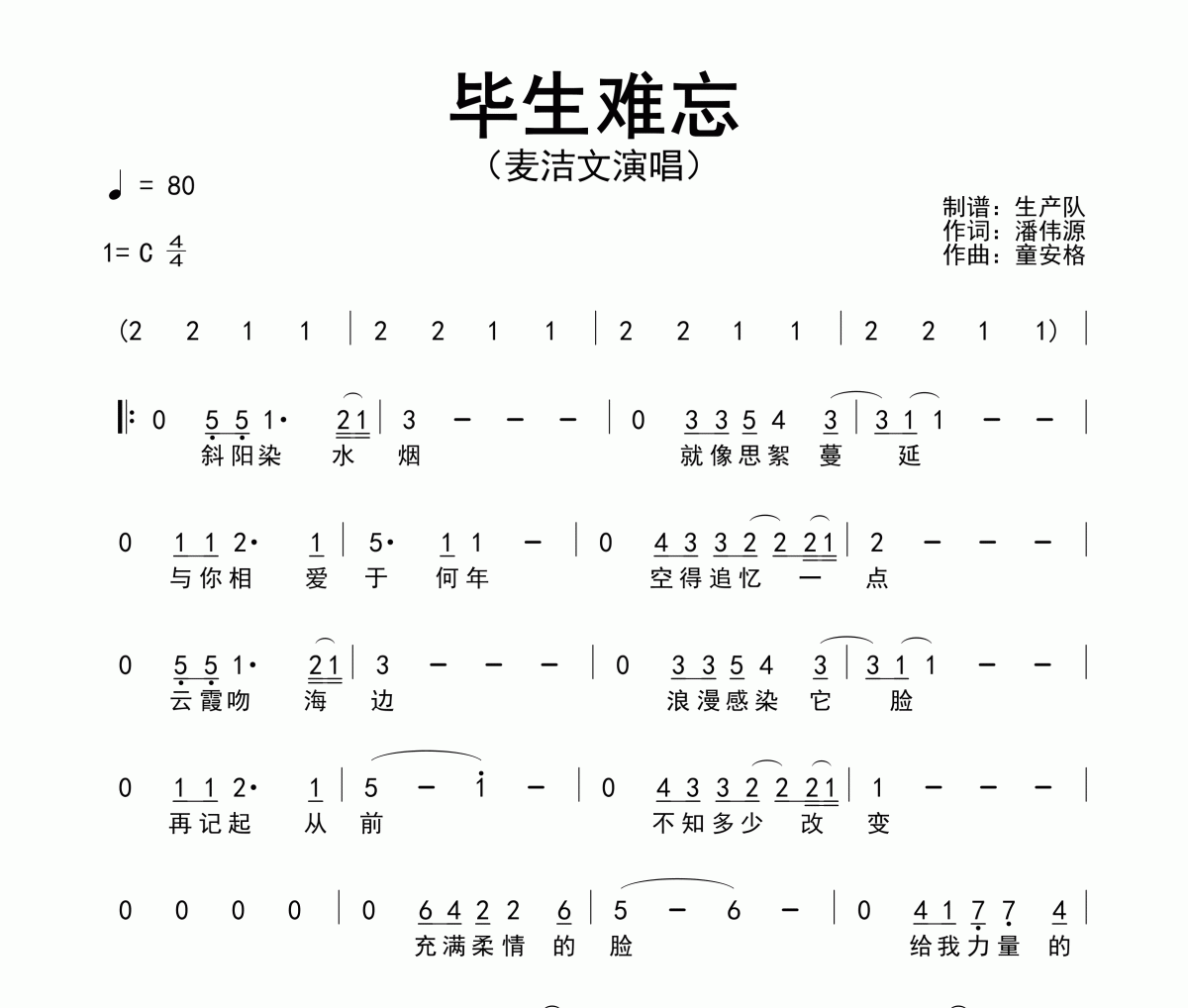 毕生难忘简谱 麦洁文《毕生难忘》简谱C调