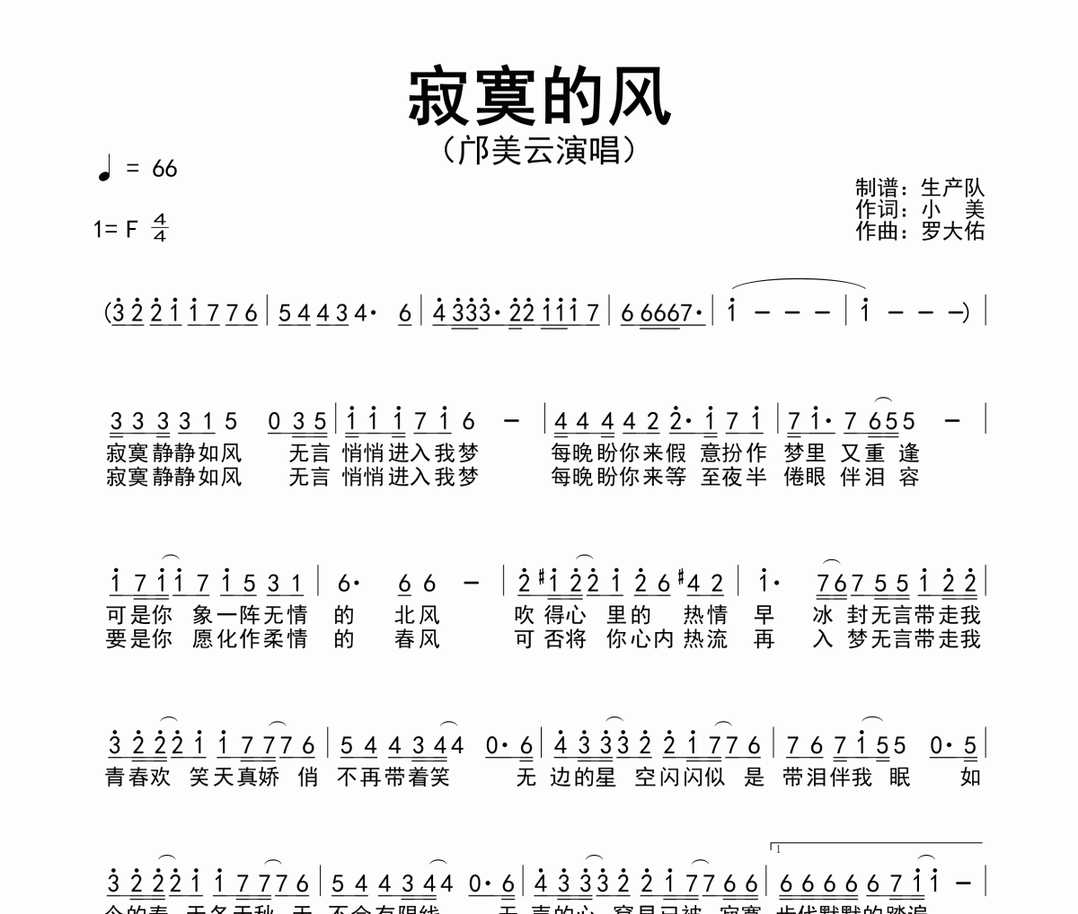 寂寞的风简谱 邝美云-寂寞的风简谱F调