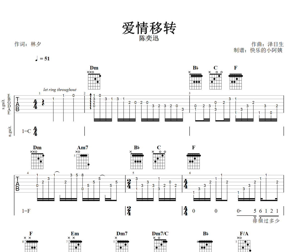 爱情转移吉他谱 陈奕迅《爱情转移》六线谱C调弹唱谱