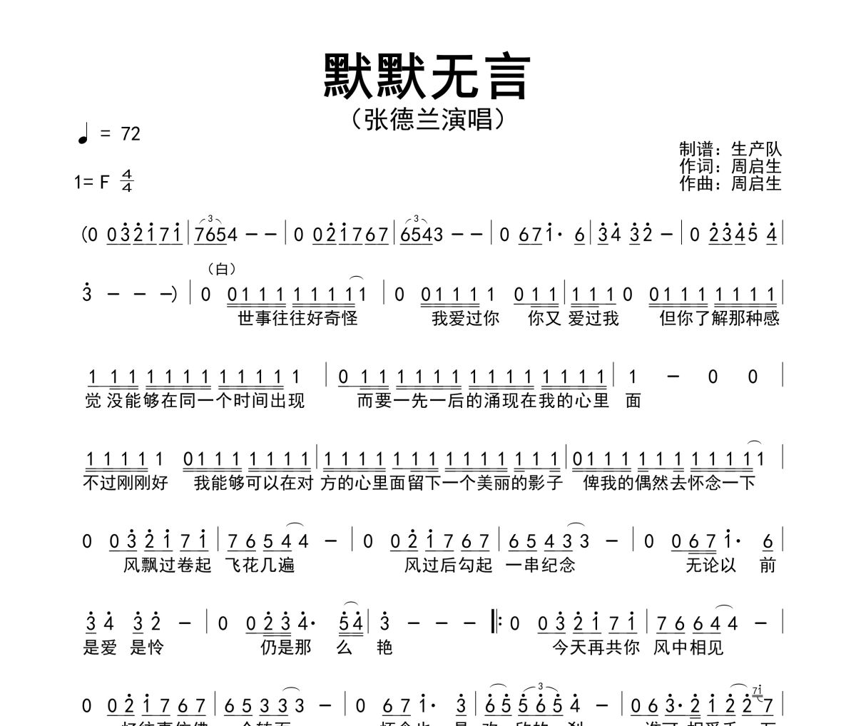 默默无言简谱 张德兰《默默无言》简谱F调