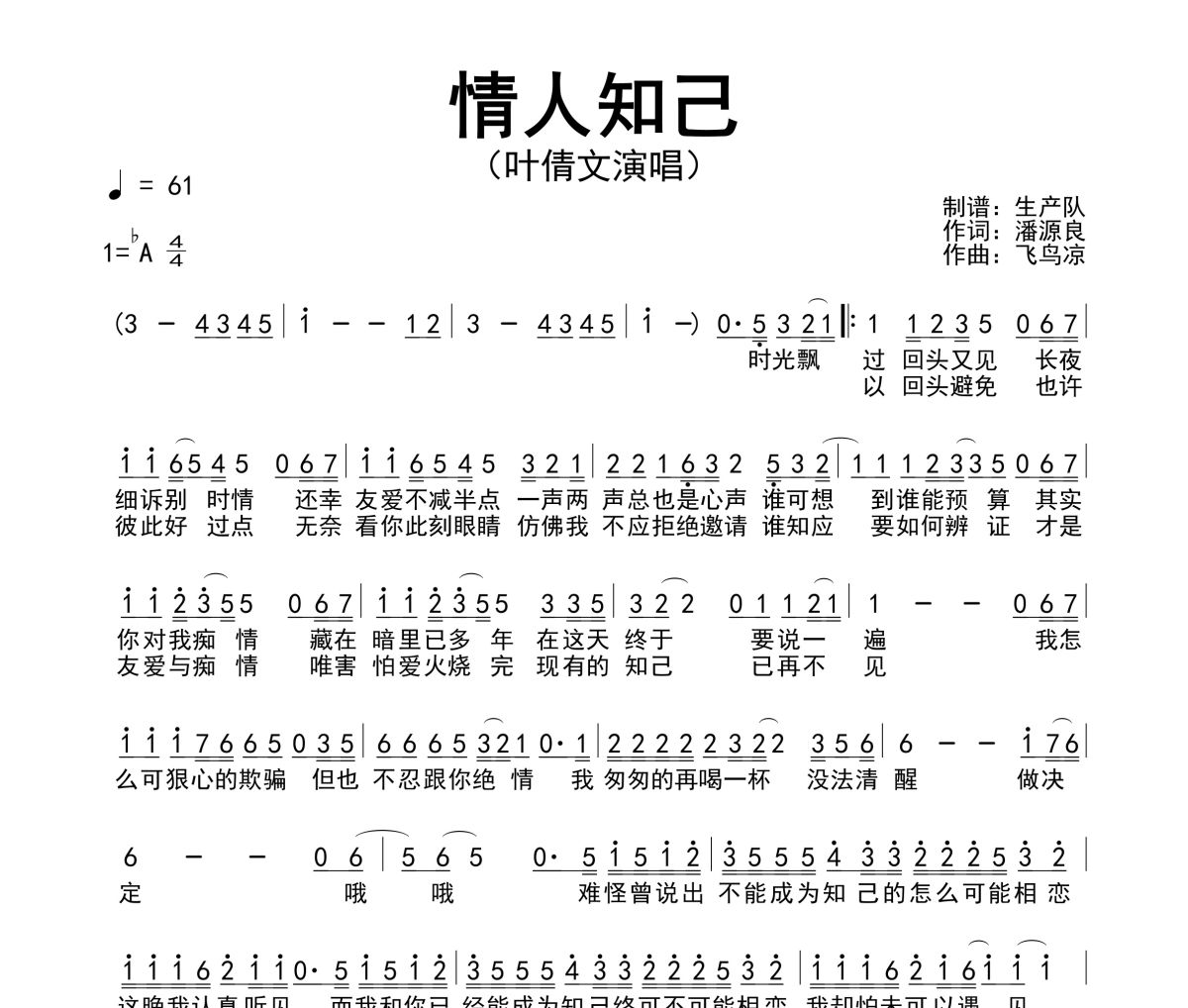 情人知己简谱 叶倩文《情人知己》简谱降A调