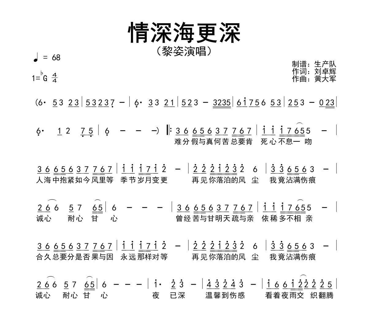 情深海更深简谱 黎姿《情深海更深》简谱降G调