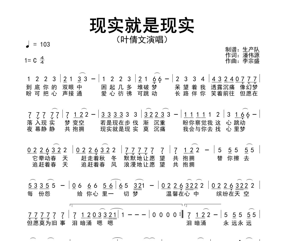 现实就是现实简谱 叶倩文《现实就是现实》简谱C调