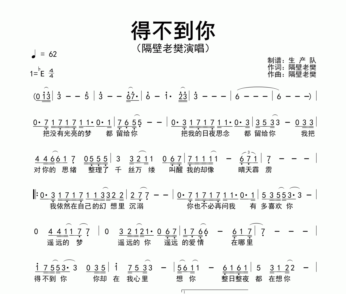 得不到你简谱 隔壁老樊《得不到你》简谱降E调