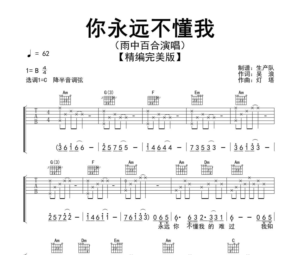 你永远不懂我吉他谱 雨中百合《你永远不懂我》六线谱C调指法编配吉他谱