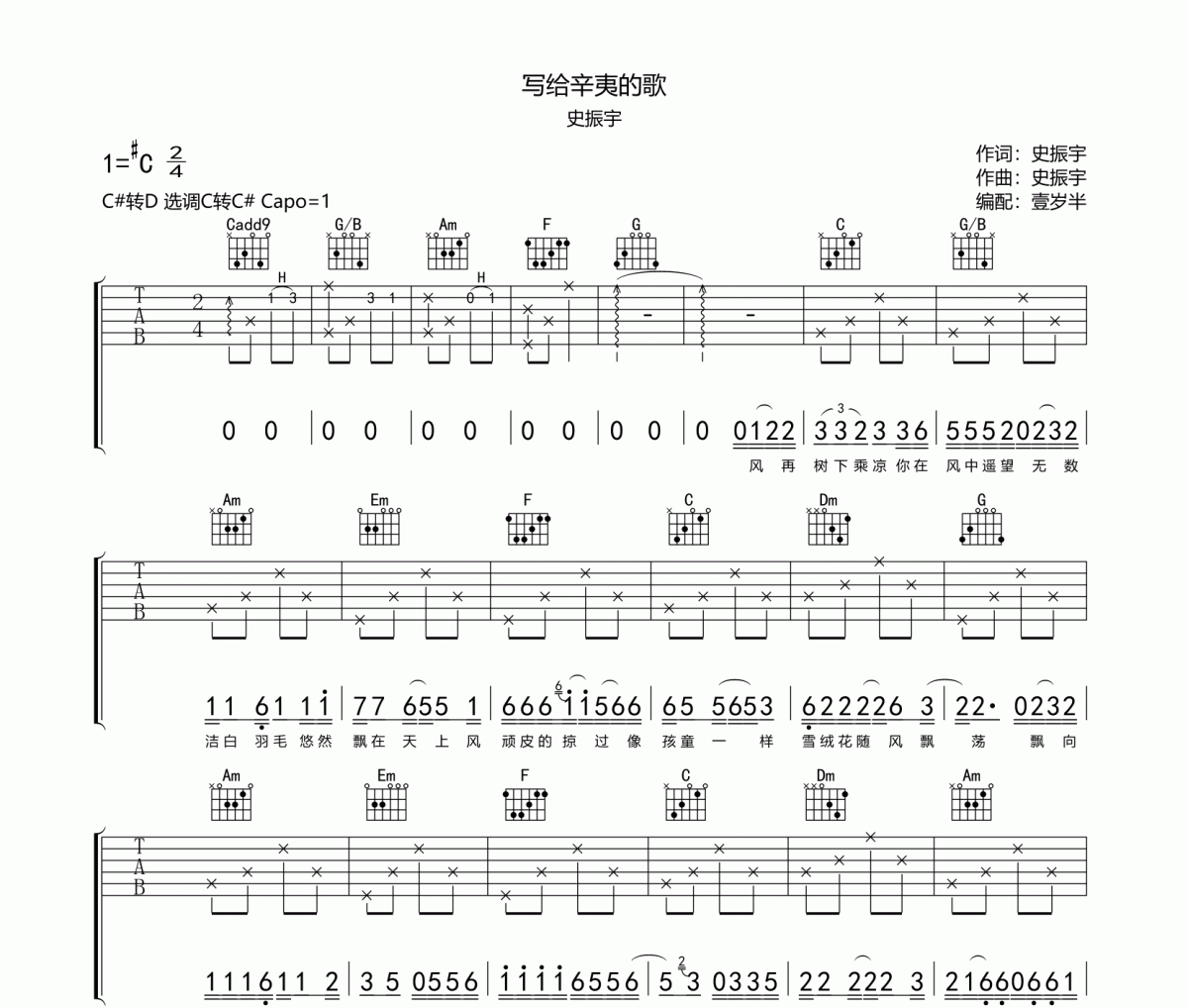 写给辛夷的歌吉他谱 史振宇-写给辛夷的歌#C调弹唱谱